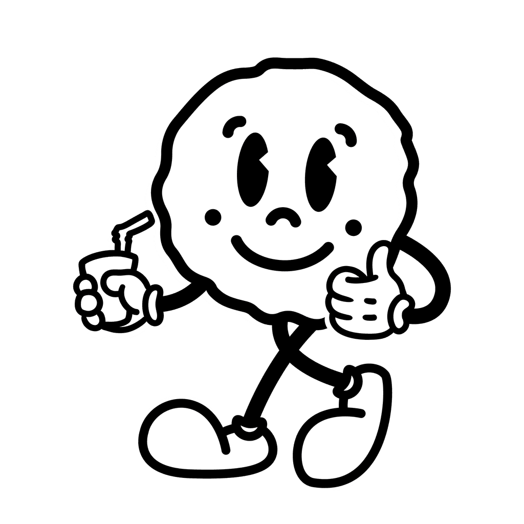 Kuki, the cookie mascot, strolling with a drink and a thumbs up